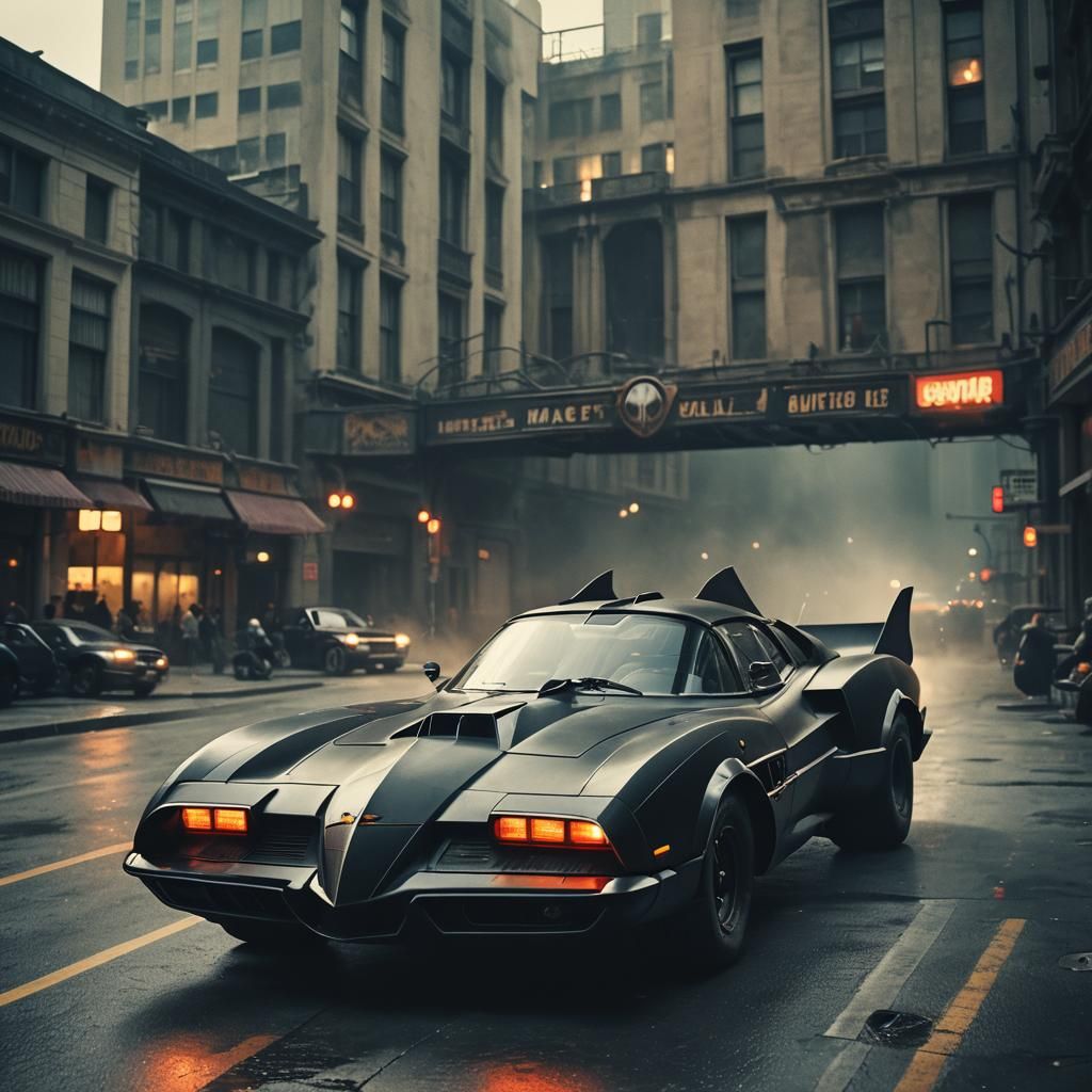 Dramatic Batmobile Film Still in Cinematic Lighting