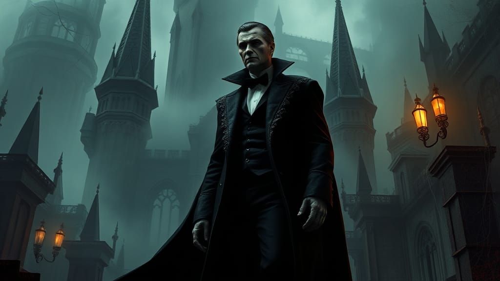 Count Dracula in Gothic Castle, Dark Fantasy Illustration