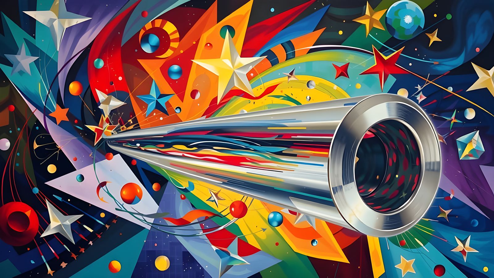 Surreal Cosmos Mirrored on Metallic Cylinder