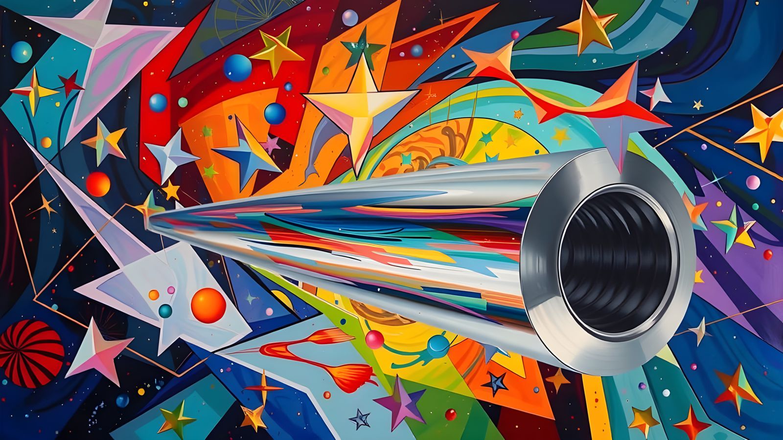 Surreal Cosmos Mirrored in Metallic Cylinder