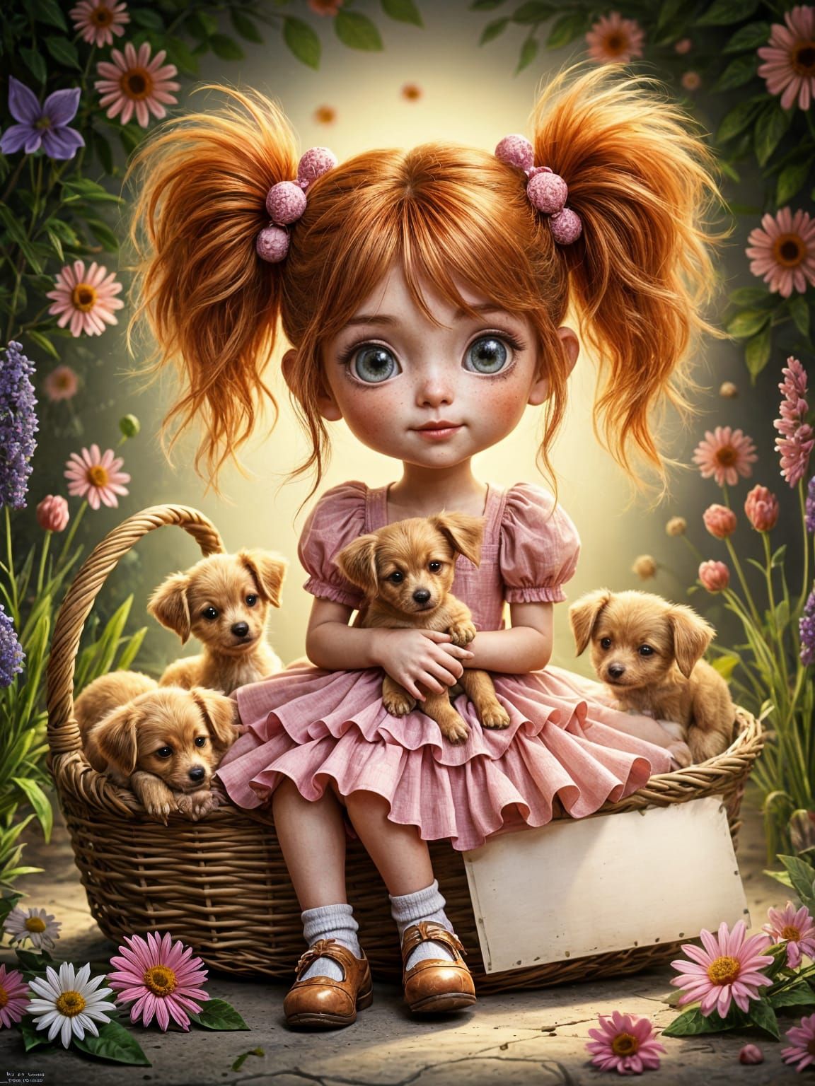 Adorable Girl Cradles Puppies in Thomas Kinkade Style