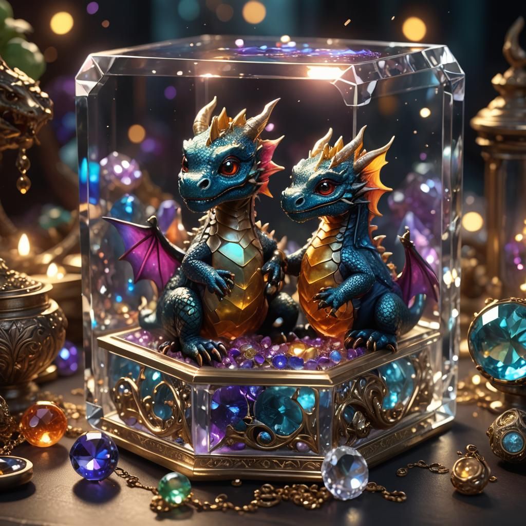 Miniature Dragon in Glass Jewelry Box: Fantasy Art