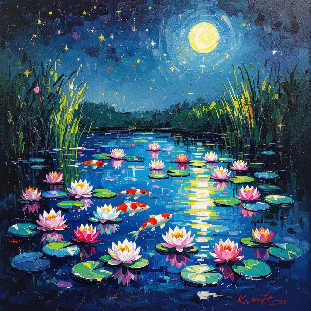 Bioluminescent Koi Pond in Impressionist Style