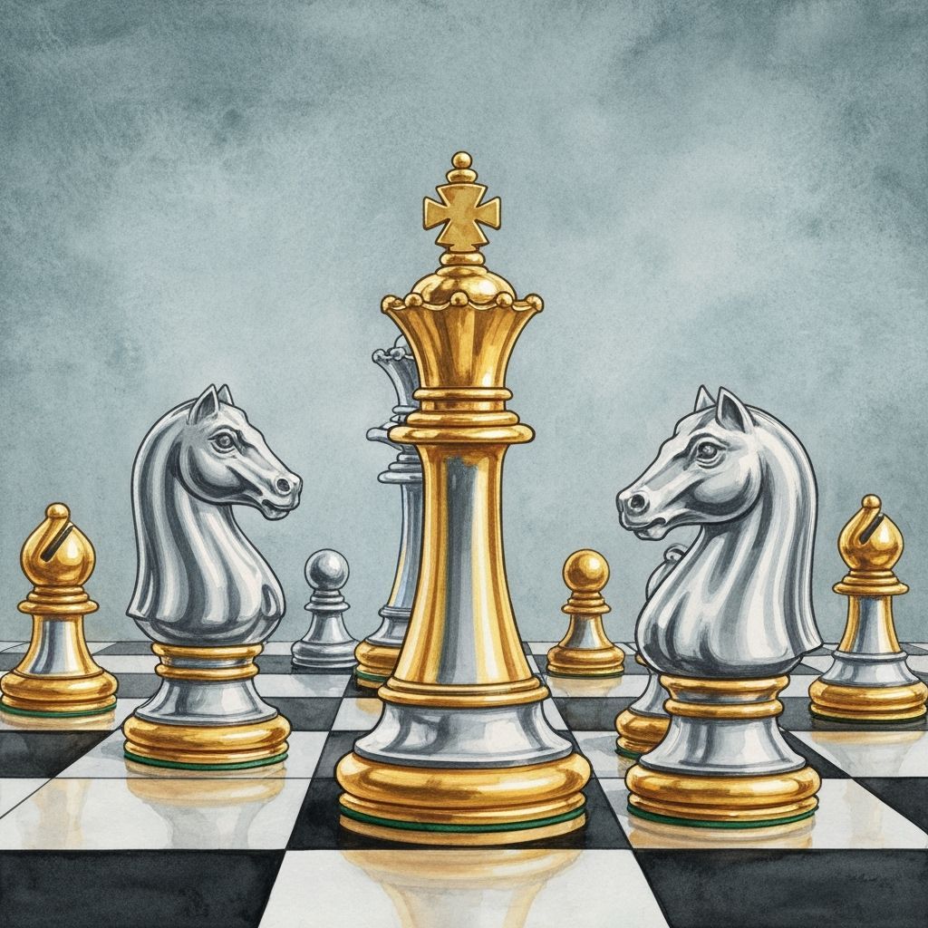 Watercolor Chess Game: King Beats Queen in Gold & Silver