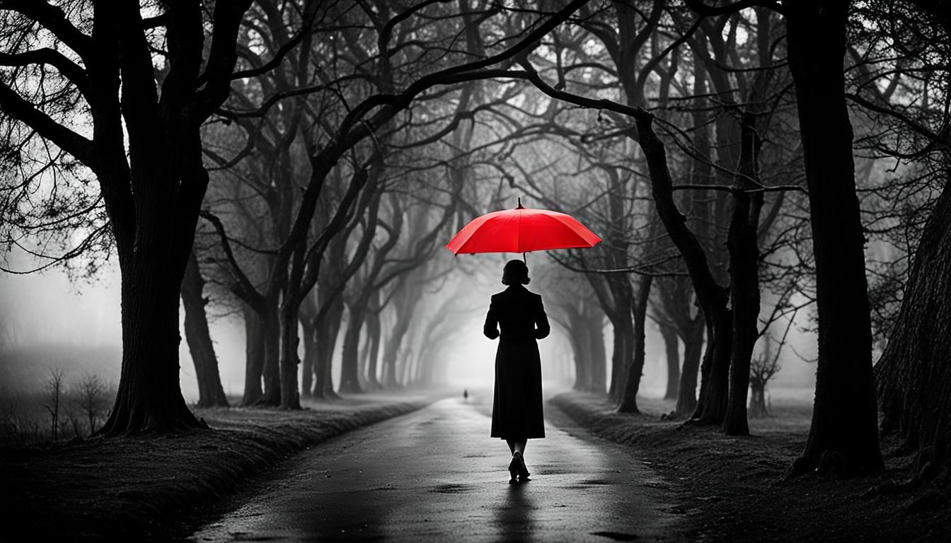 Woman with Red Umbrella in Grayscale Landscape