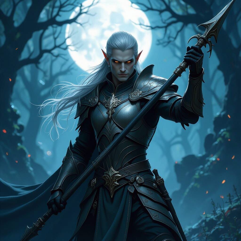 Pale Elf Warrior with Polearm in Moonlit Forest