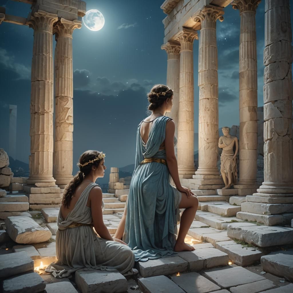 Moonlit Goddess Kneeling in Ancient Greek Ruins