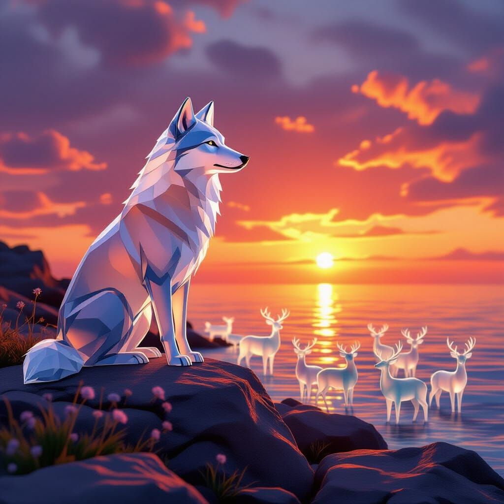 Sea Glass Wolf Overlooking Deer at Sunset
