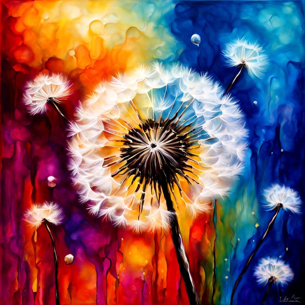 Vibrant Impasto Oil Painting of a Dandelion in Whimsical Fan...