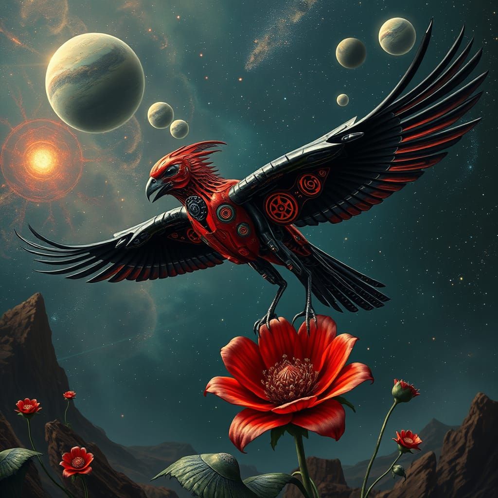 Biomechanical Red Bird with Alien Flower