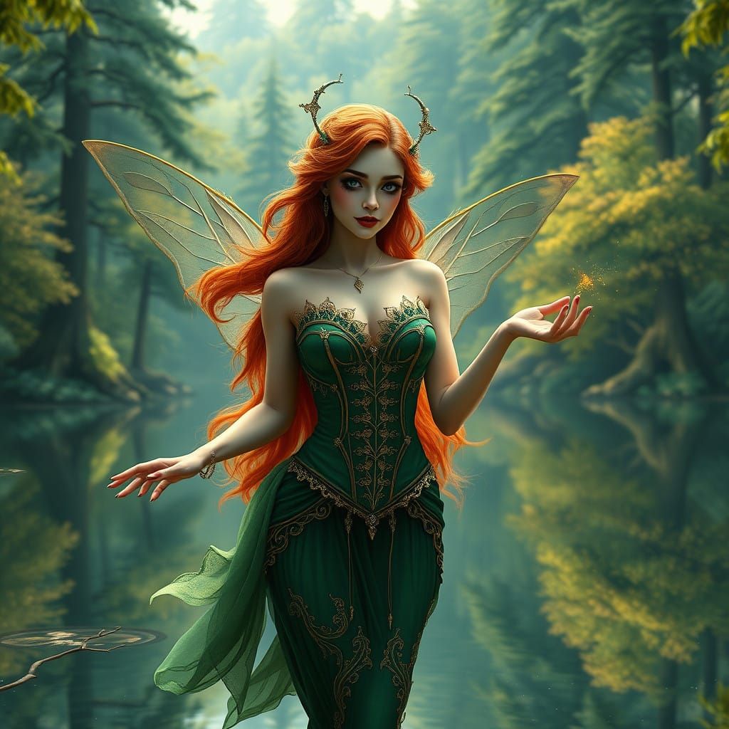 Whimsical Nymph in Emerald Green and Gold Corset, Spreading...