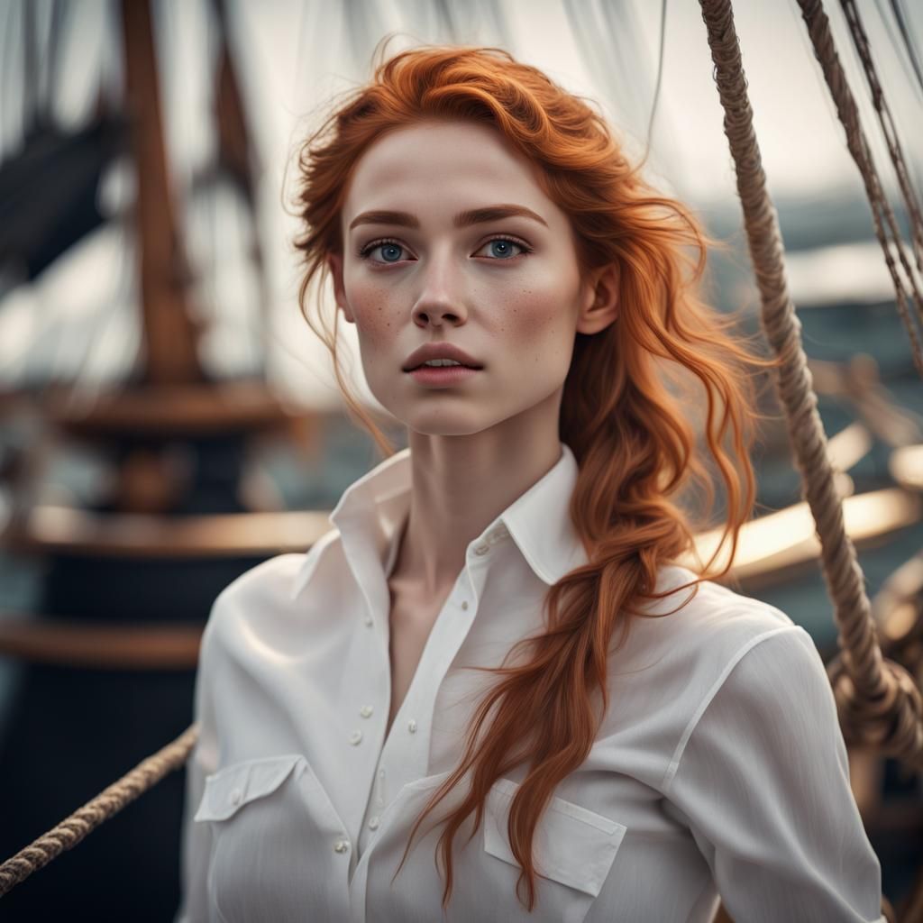 Redhead Model in White: Hyper-Realistic Fashion Photography