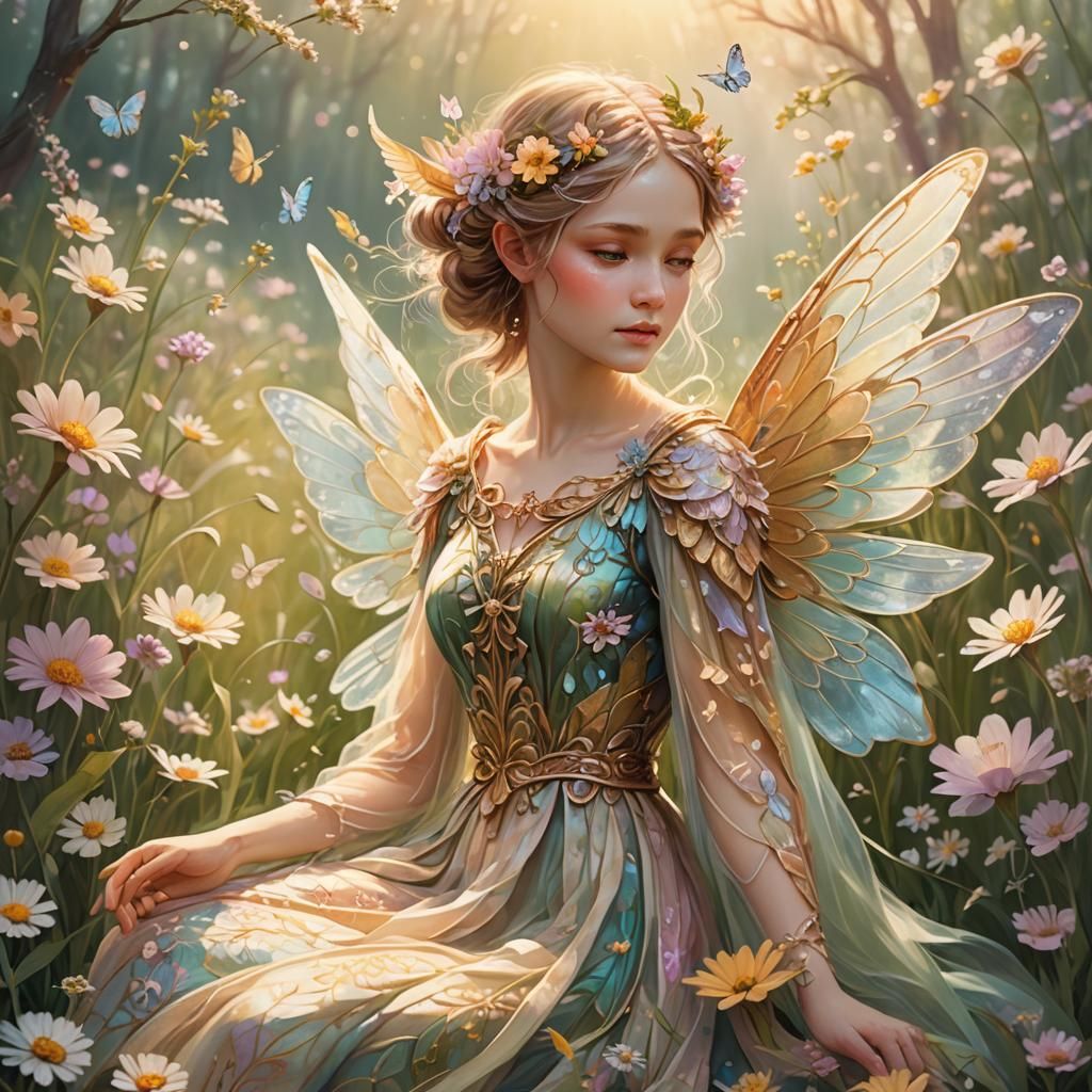 Delicate Fae in Lush Meadow Fantasy Illustration