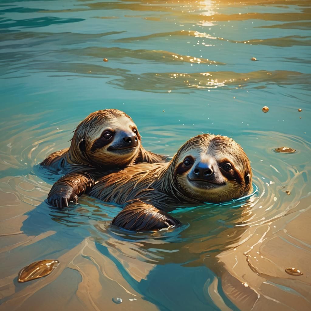 Sloth Swimming at Beach in Oil Painting Style