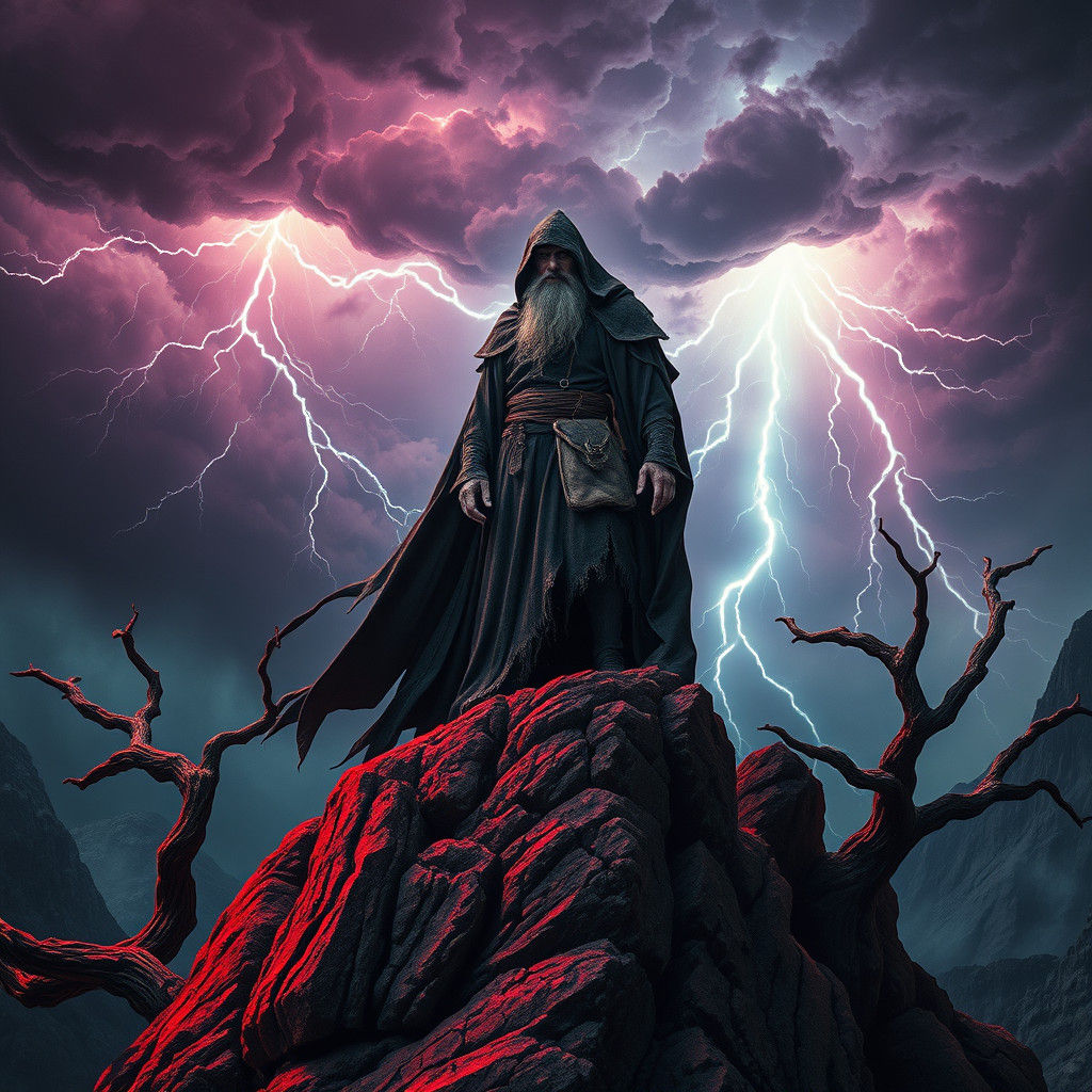 Dark Wizard Amidst Alien Lightning Storm