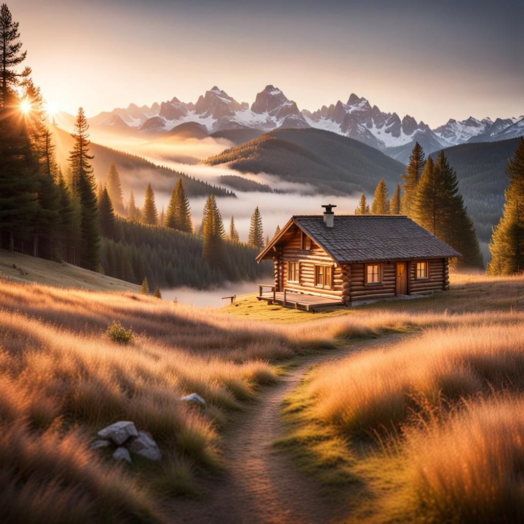 Lonely Cabin at Sunrise in Mountain Valley