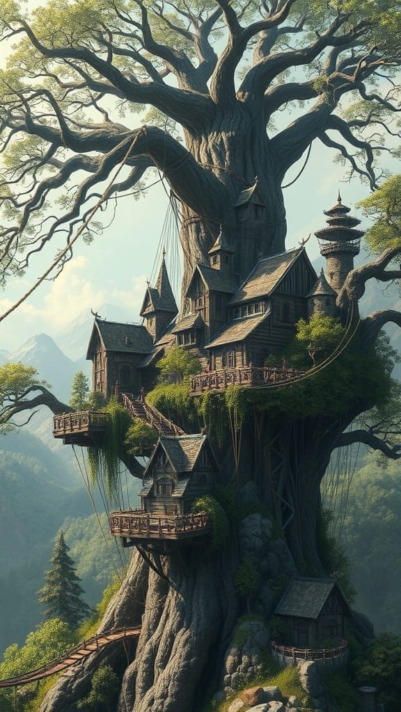 Elven Village on a Majestic Tree in Fantasy Style