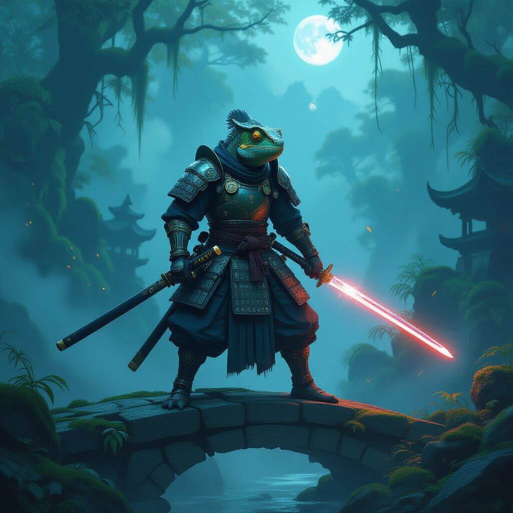 Chameleon Samurai Warrior with Glowing Katana in Misty Fores...