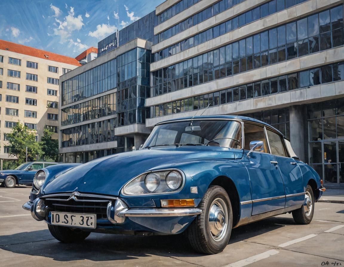 Citroën DS and Bauhaus Building Acrylic Painting