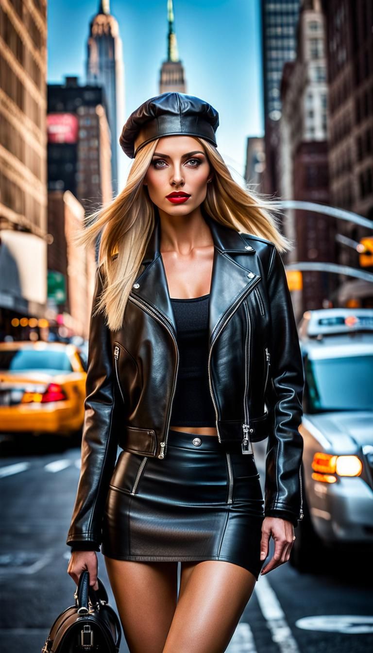 Blond Girl in Leather in Hyperrealistic Manhattan Landscape