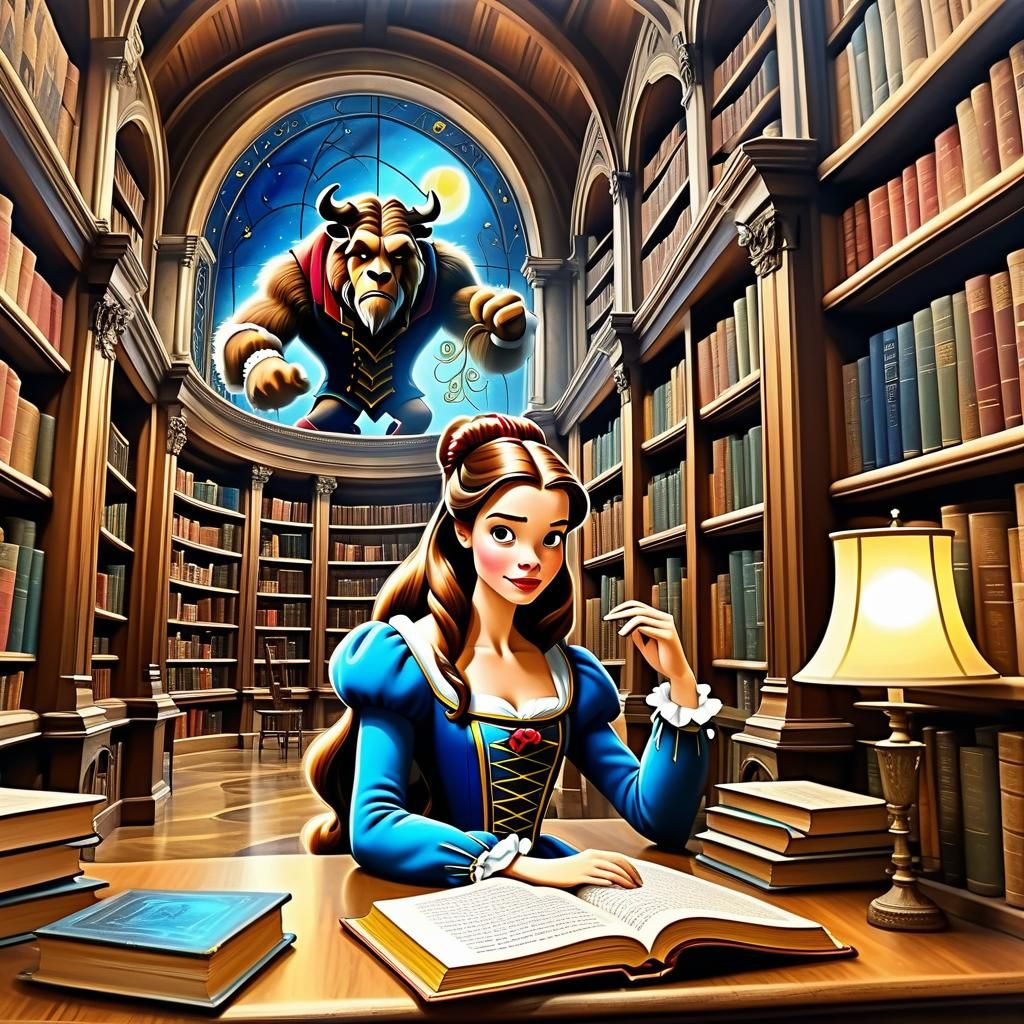 Belle in Library: Surreal Mixed Media Art
