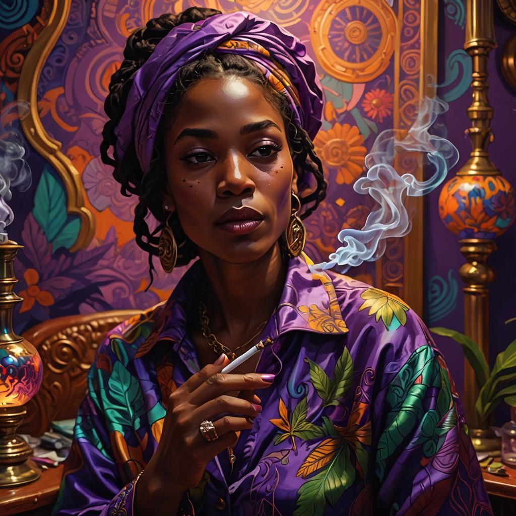 Jamaican Woman Smoking Purple Weed in Digital Art
