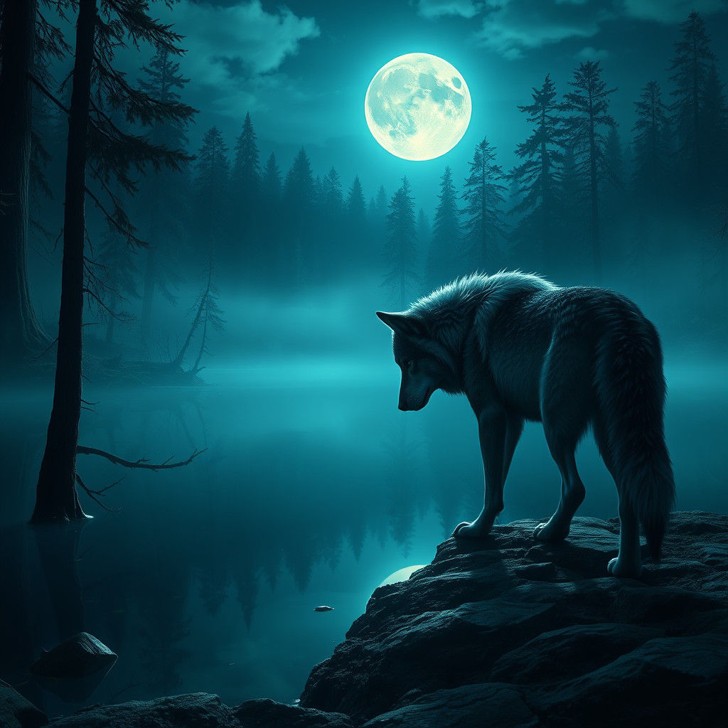 Wolf Gazing at Reflection in Moonlit Lake