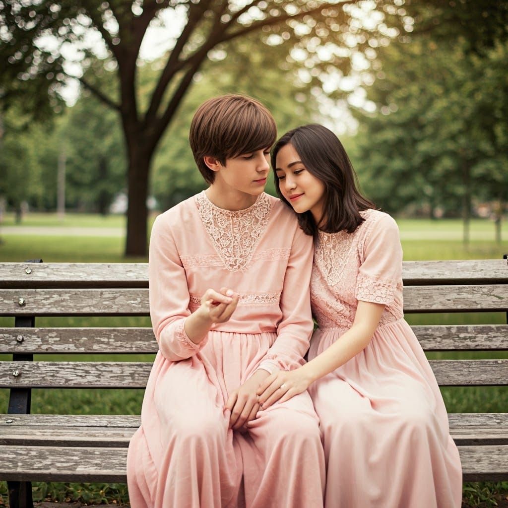 Androgynous Figure in Pastel Dress in Serene Park