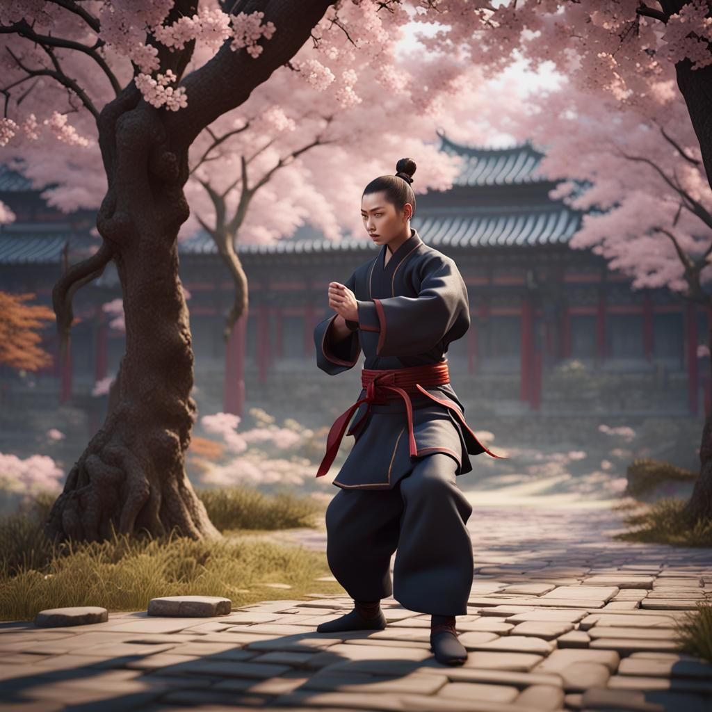 Chinese Martial Artist Training in a Detailed 3D Scene