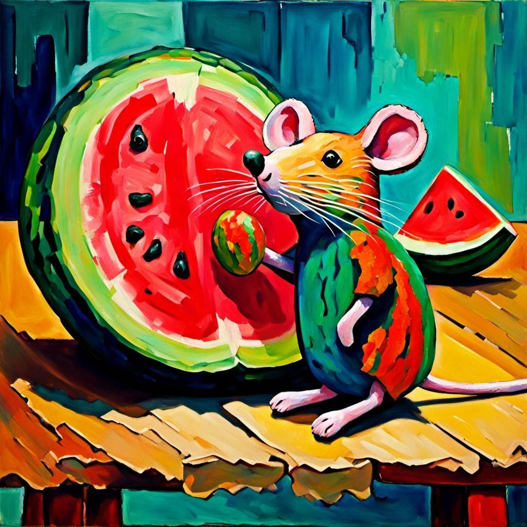Mouse and Watermelon Still Life in Expressionist Style