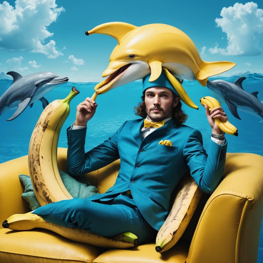 Surreal Man with Banana Dolphin Hat on Sofa
