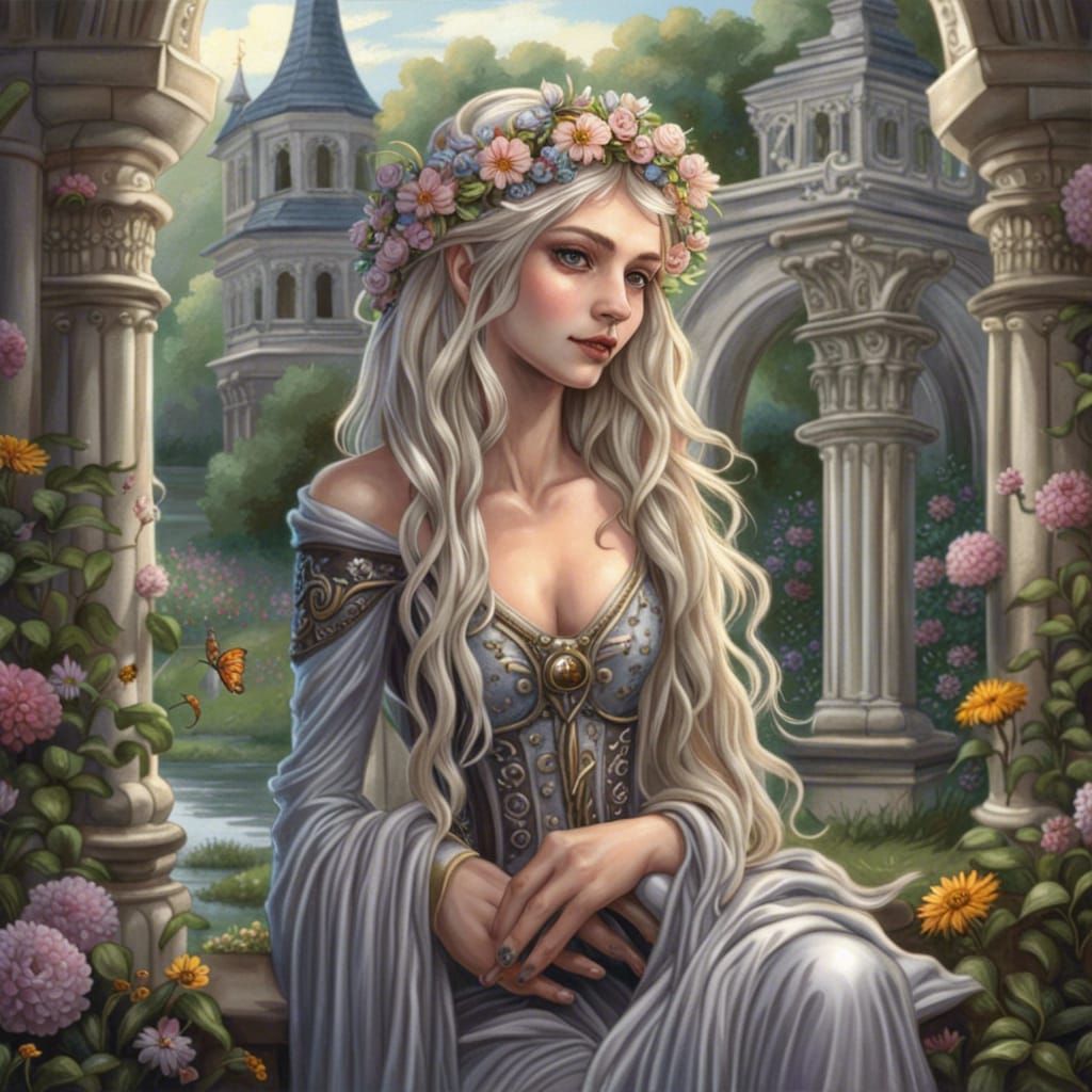 Elegant Elf Princess in Gothic Cottagecore Meadow