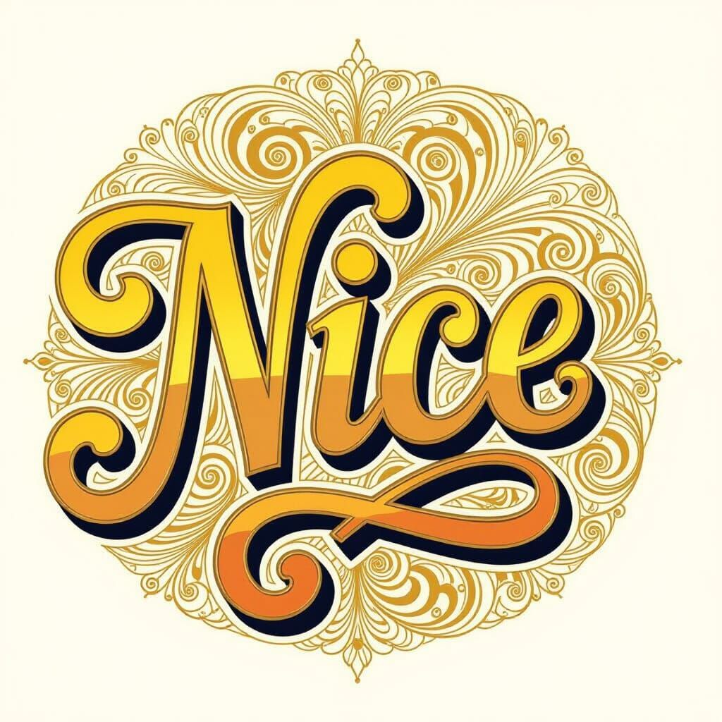 Elegant Golden "NICE" in Swirling Cursive Font
