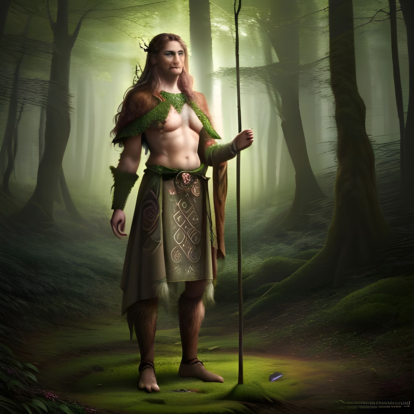 Celtic Druid in Forest Clearing, Watercolor Style