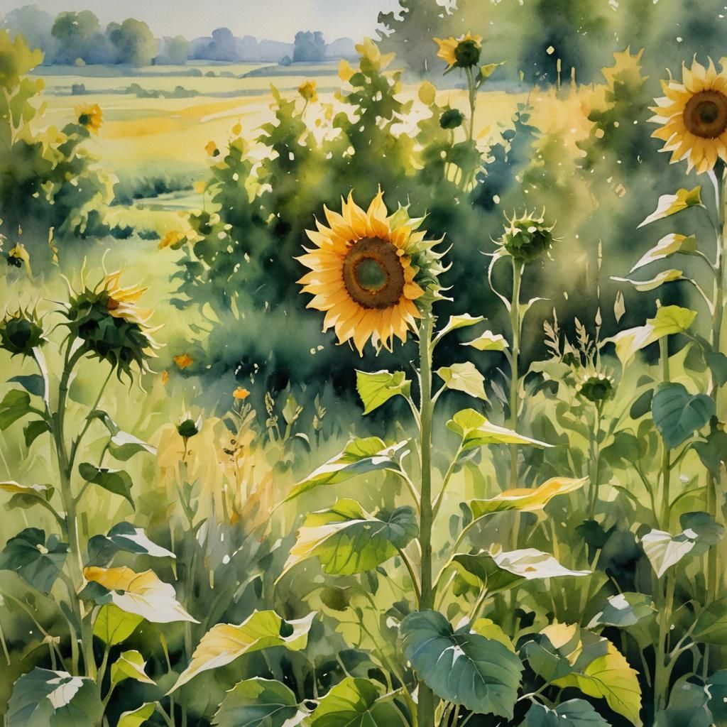 Impressionistic Watercolor Sunflower in Sunlight