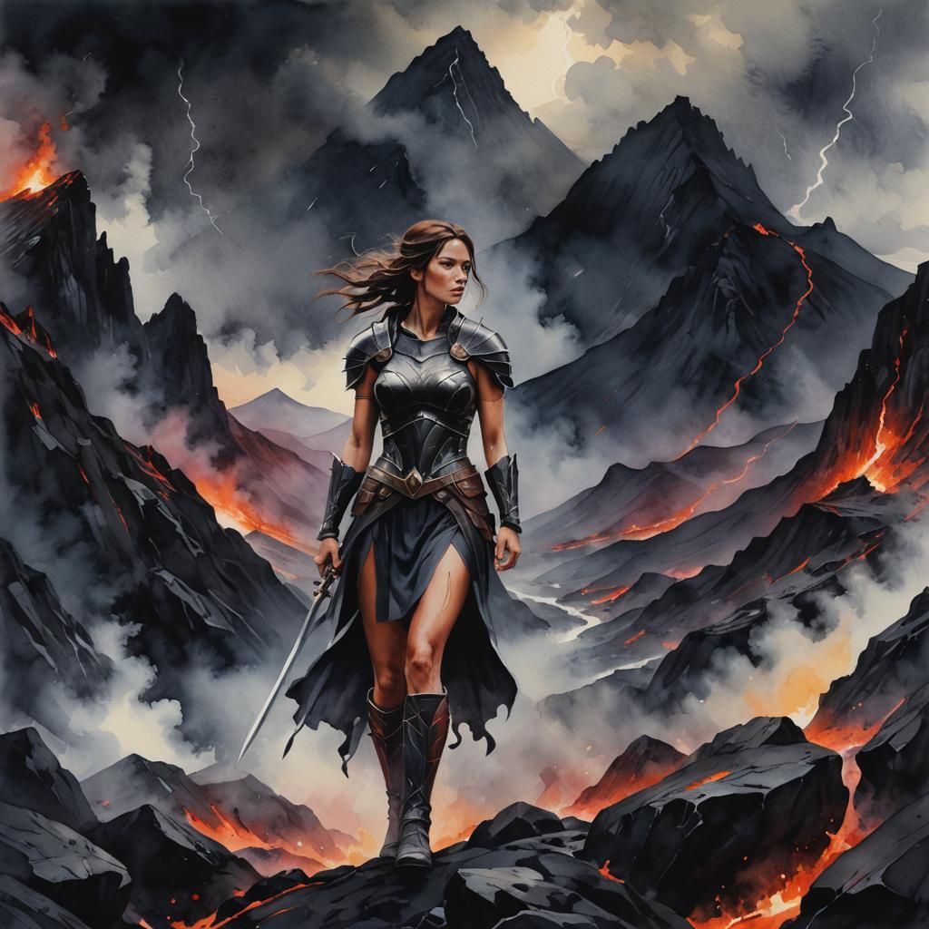 Warrior Woman on Volcanic Peak Watercolor