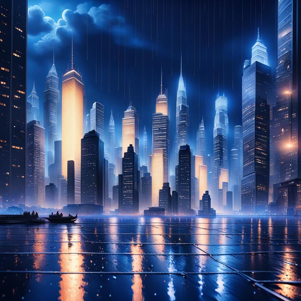 Electric Blue Cityscape Floating Over Ocean at Night