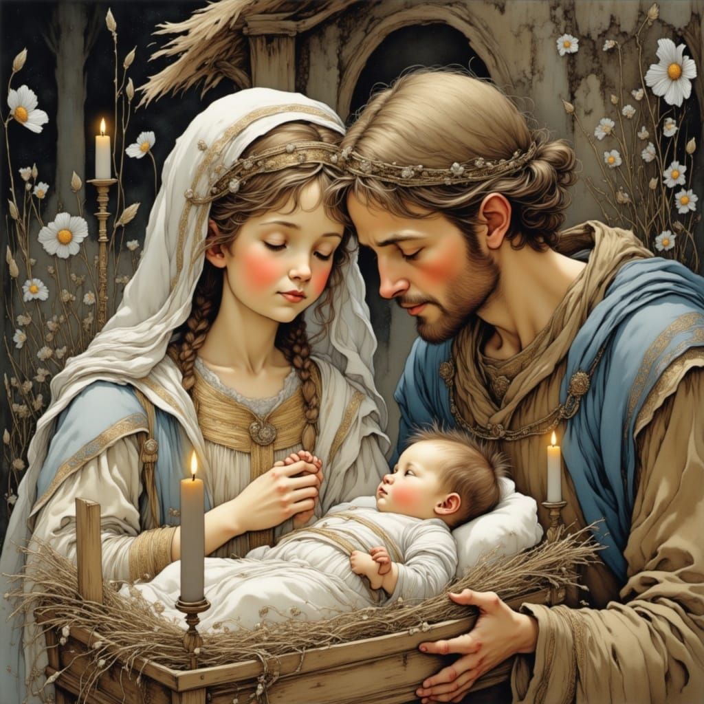 Mother and Father Gaze at Infant Jesus in Whimsical Stable S...