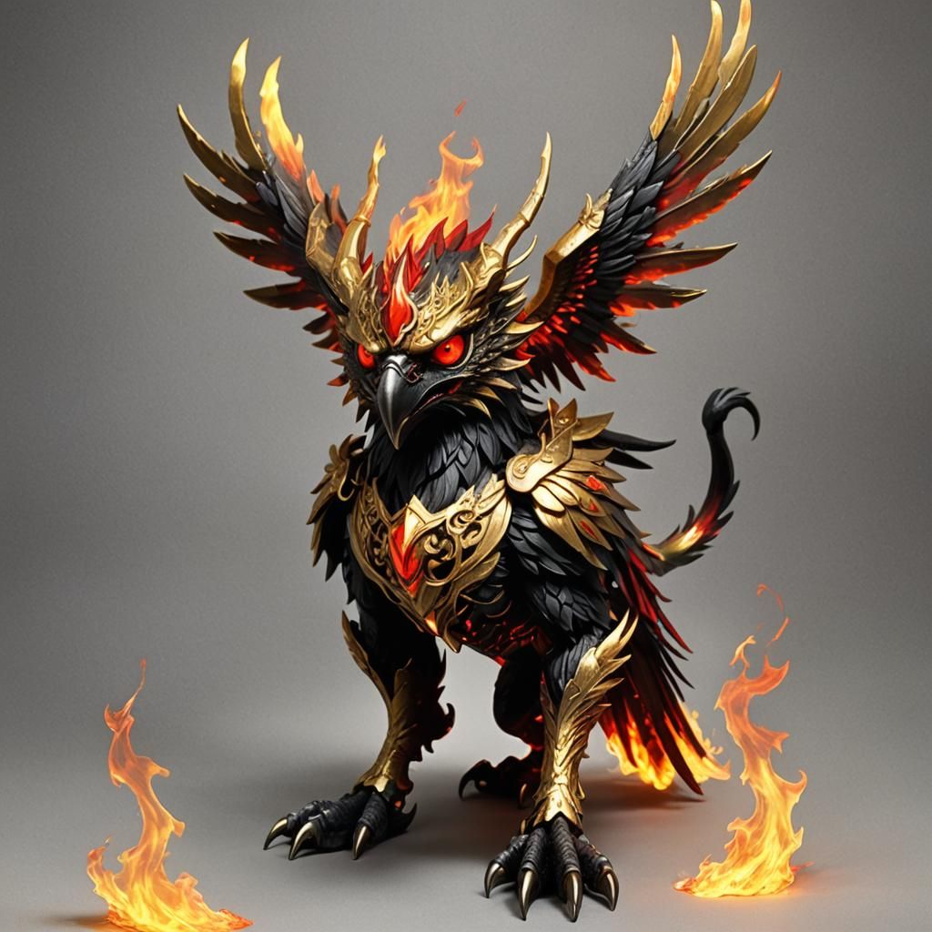 Griffin with Burning Golden Wings and Fiery Eyes