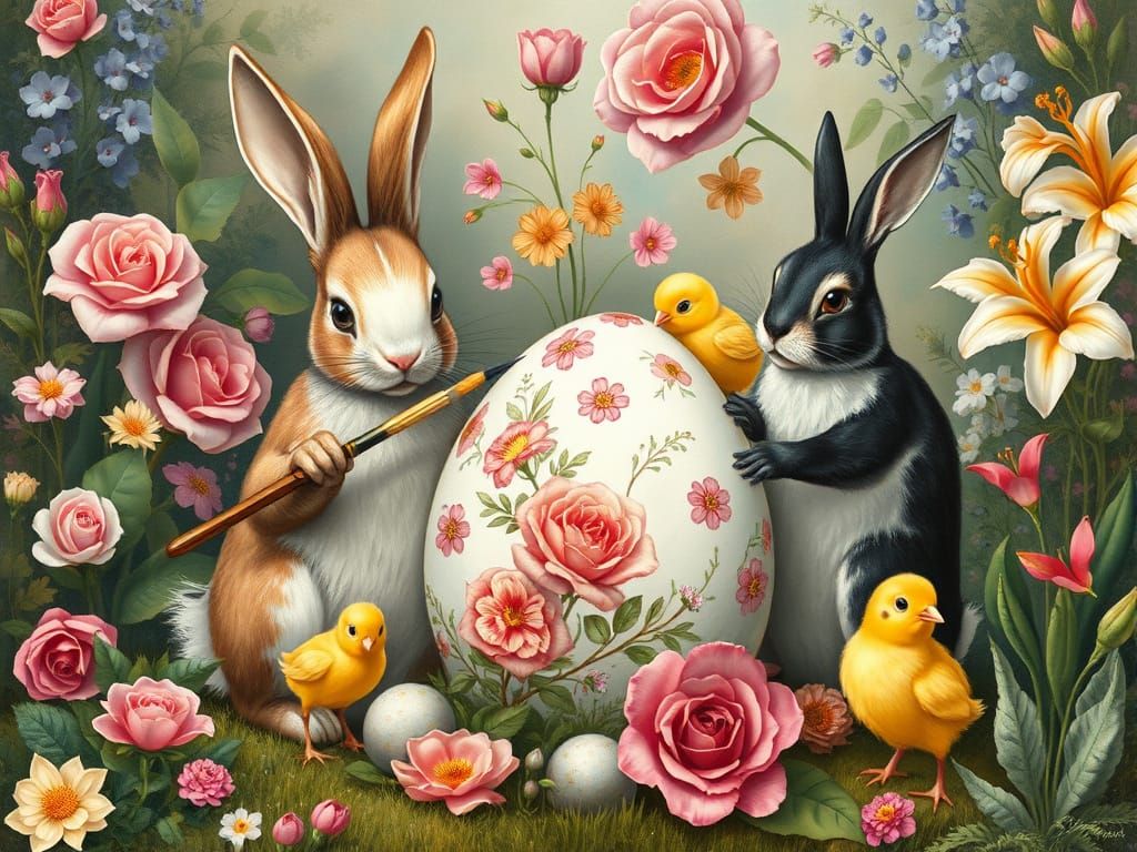 Bunnies and Chicks Painting Easter Eggs in Vintage Style