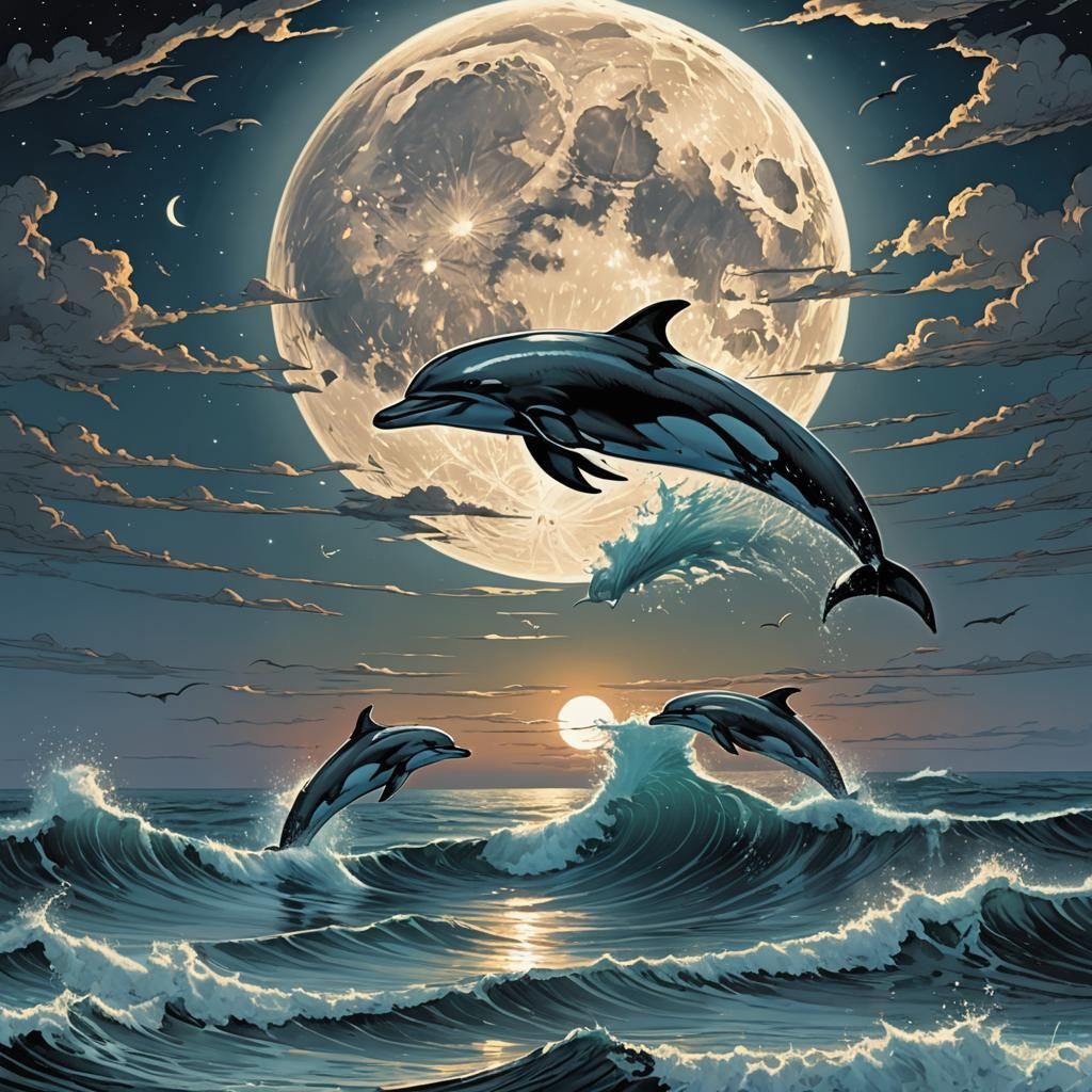 Dolphins Leaping Under Full Moon in Comic Art