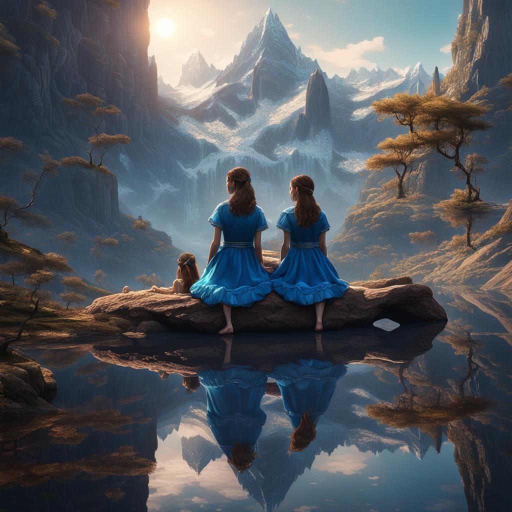 Aesthetic Mountain Scene with Girls in Blue Dresses