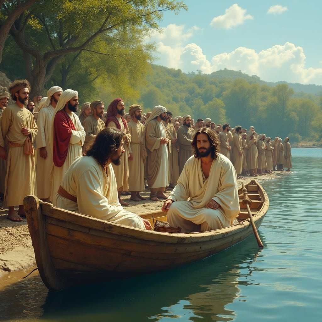 Crowd by Lake in Hyperrealistic Style