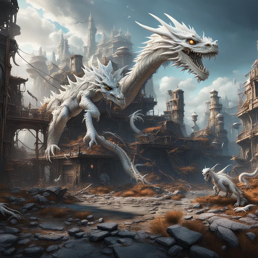 Post-Apocalyptic Wonderland with White Dragons in Fantasy Ar...