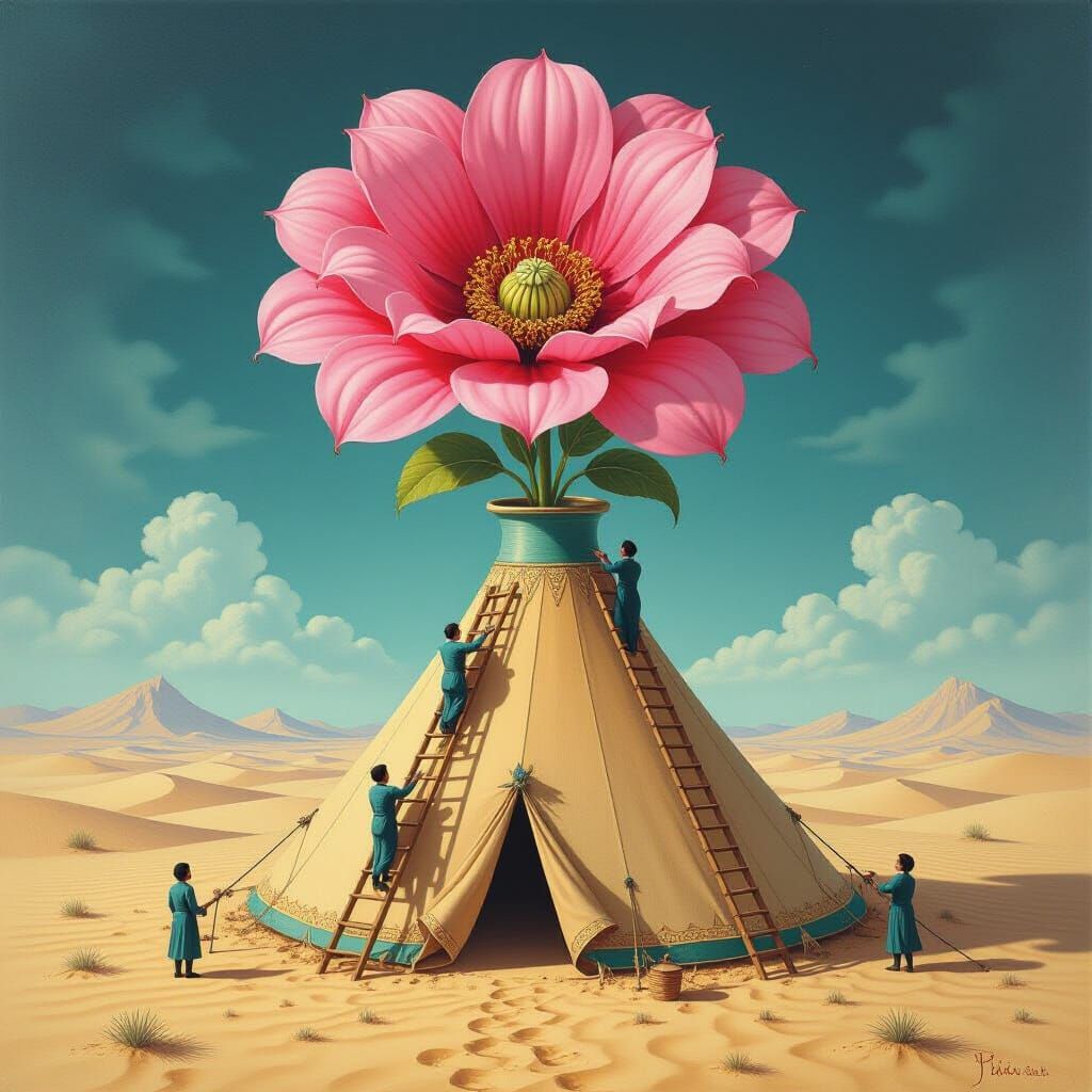 Surreal Desert Tent Ascends Giant Pink Flower in Baroque Sty...