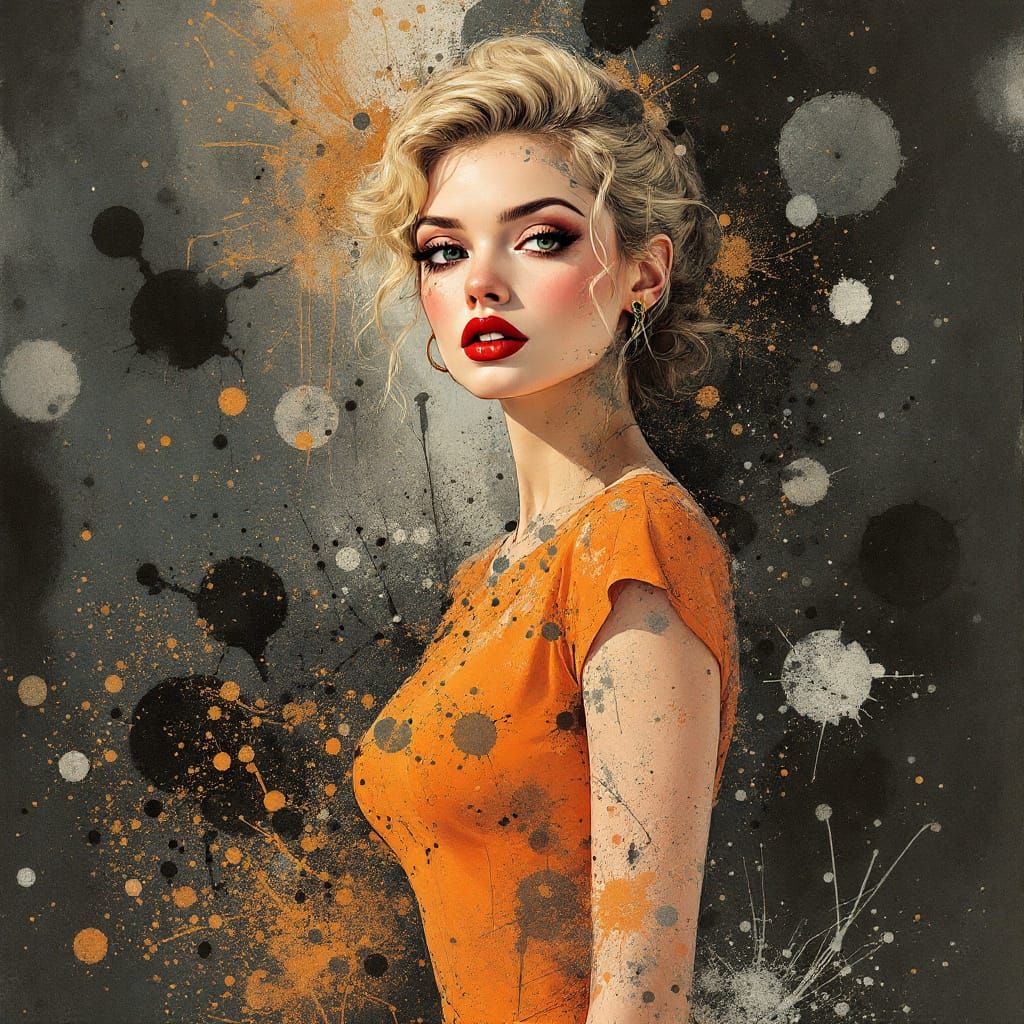Pin-Up Woman in Orange Dress, Surreal Watercolor Style
