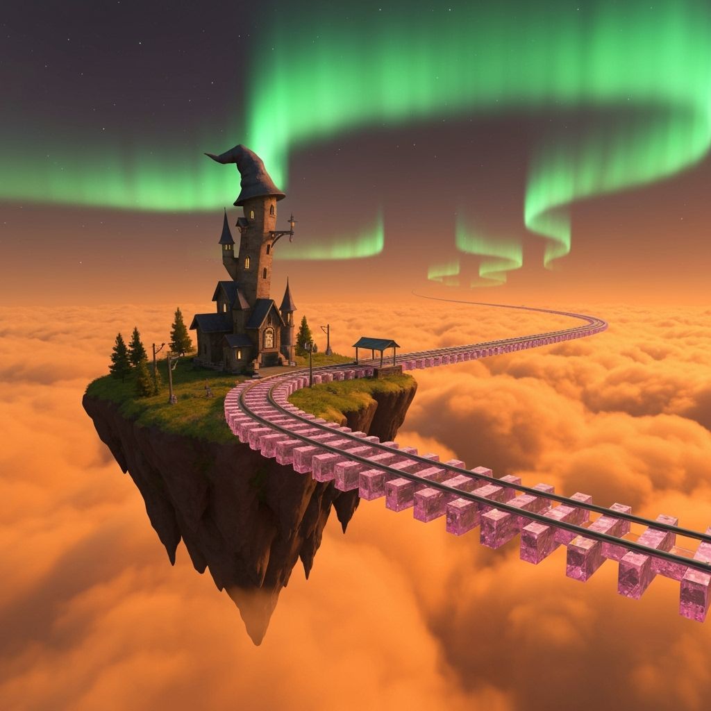 Wizard's Tower on Floating Island Under Orange Twilight Sky