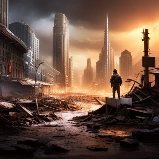Victorious Soldier in Post-Apocalyptic Cityscape