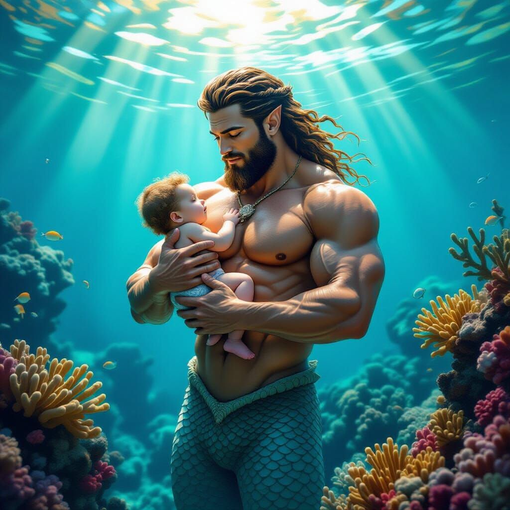 Merman and Child in Coral Reef: Hyperrealistic Art