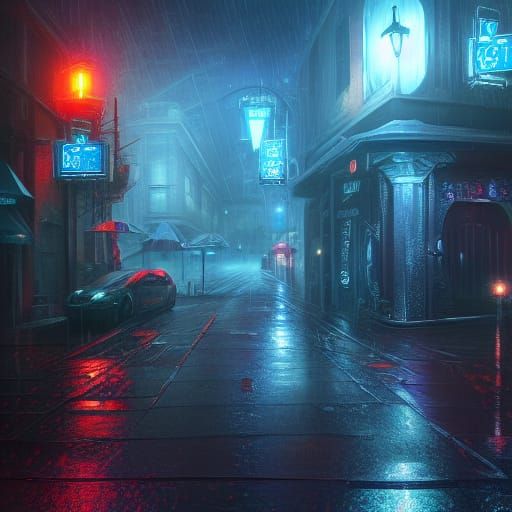 Rainy Night at Cyber Bar: Detailed Matte Painting
